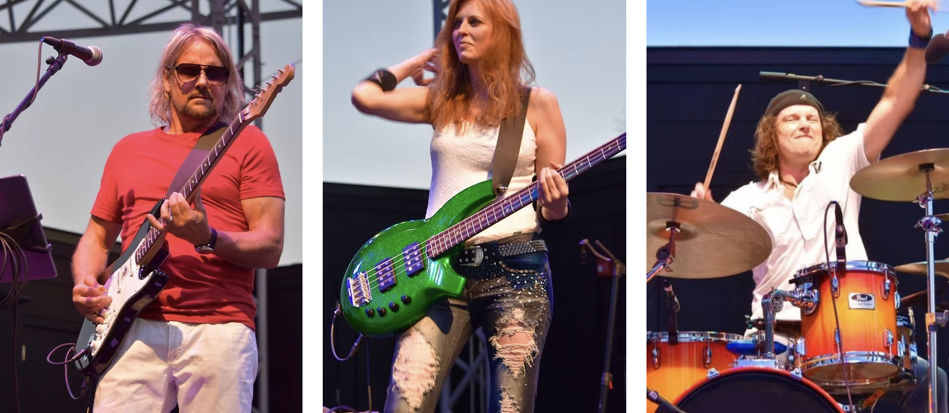 Green Eyed Lady Band performing live on stage with electric guitar, bass, and drums